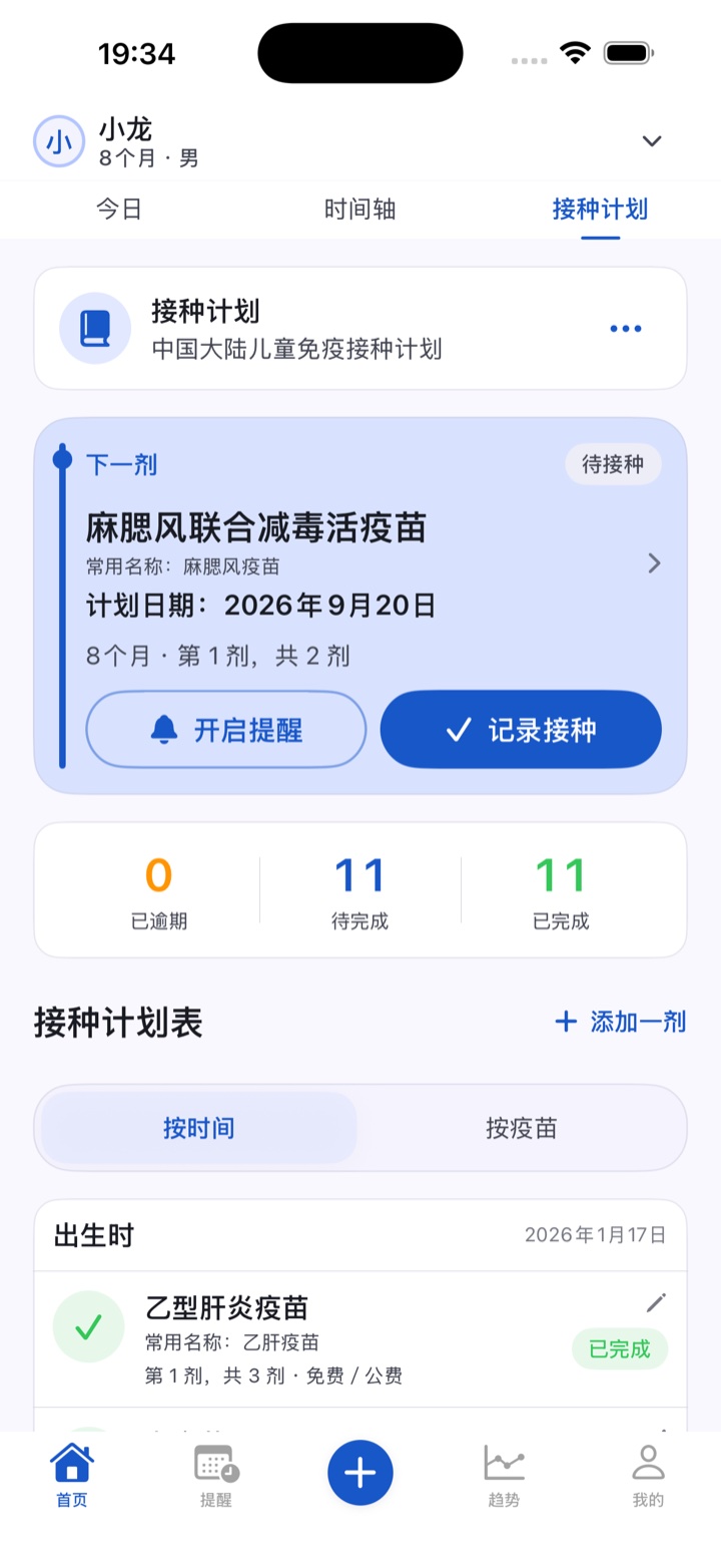 中国大陆接种计划:显示下一剂麻腮风疫苗、计划日期及已完成 11 剂。